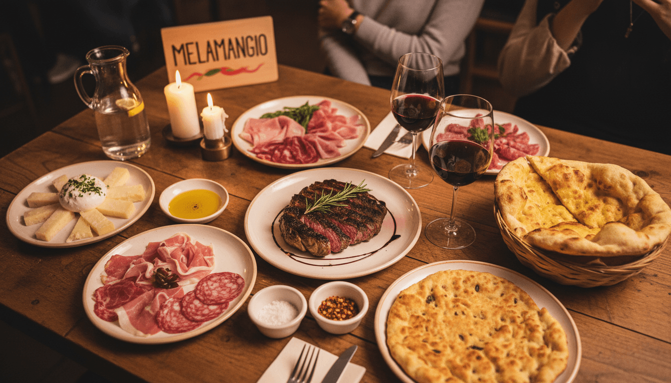 Tavolo preparato con carni pregiate, antipasti e focaccia presso MELAMANGIO a Torino