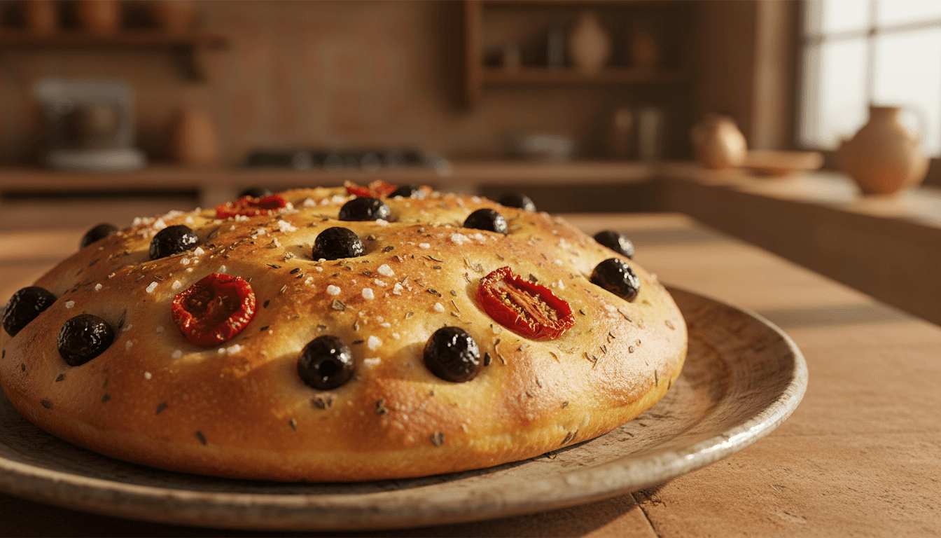 Focaccia Pugliese con olive e pomodori secchi