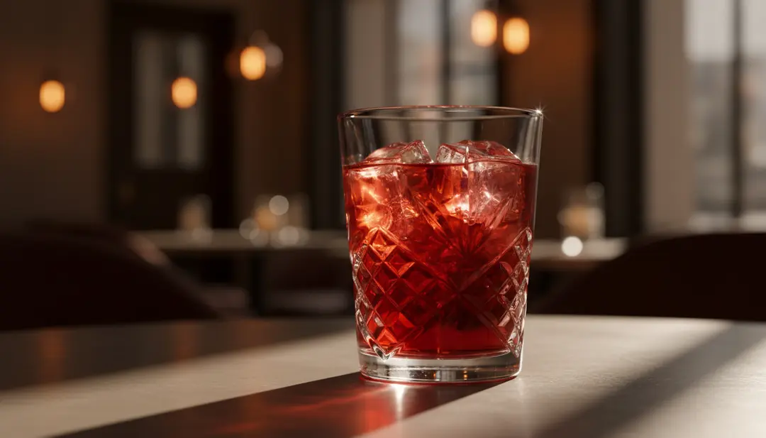 Cocktail rosso con ghiaccio in un bicchiere di cristallo intagliato su un tavolo illuminato.