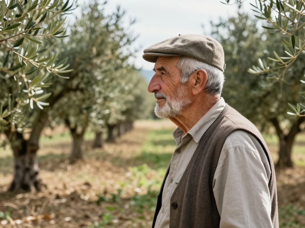 Profilo di un anziano con coppola e barba grigia che contempla un rigoglioso uliveto.